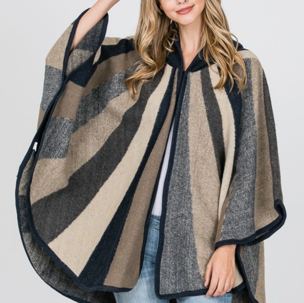 Sunburst Swing Striped Poncho Boho Hooded Jacket